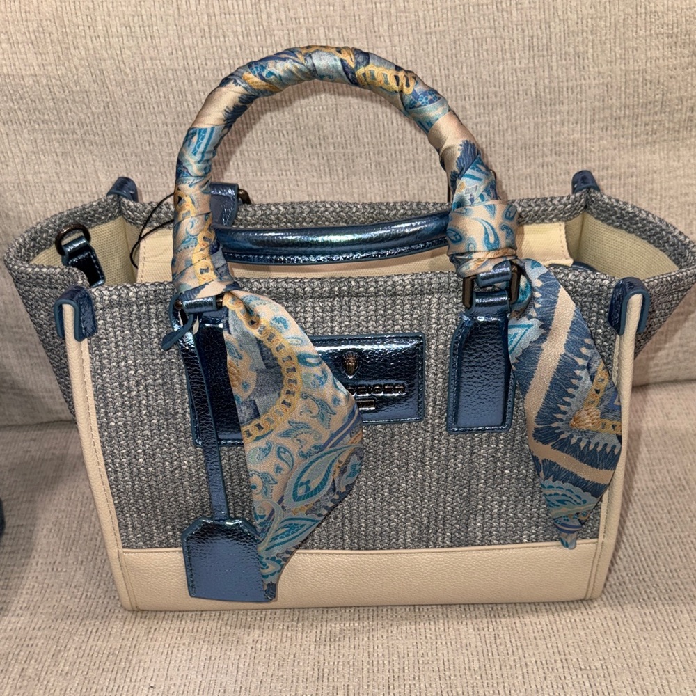 KURT GEIGER Women's Two-Tone Blue & Cream Tote Bag with Patterned Scarf